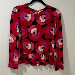 Kate Spade Women’s Top 2 Floral Peplum Blouse Red Pink Like New Colourful Office